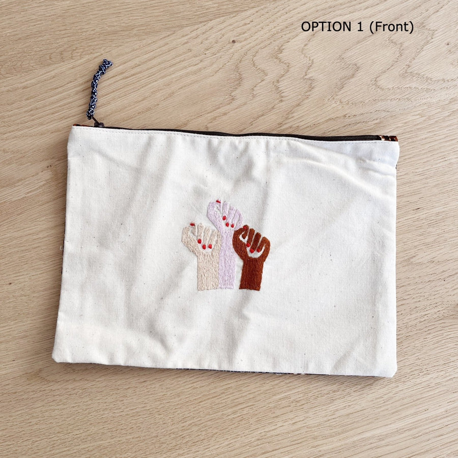Woman Power Feminist Hand-Embroidered Pouch with Raised Fist