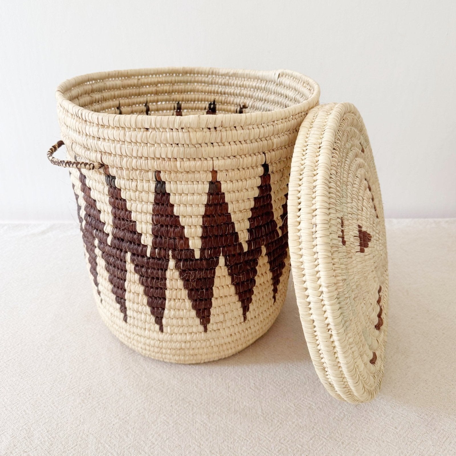 14" Lidded Palm Basket - Brown ZigZag - Amsha