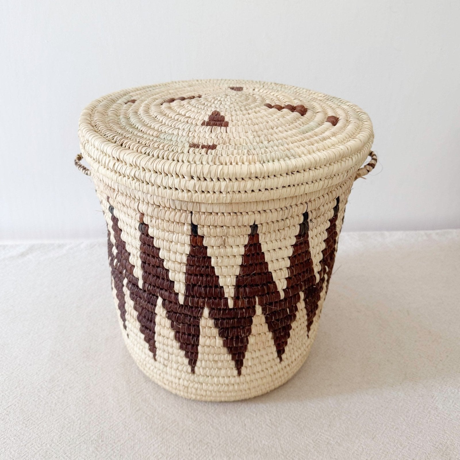 14" Lidded Palm Basket - Brown ZigZag - Amsha