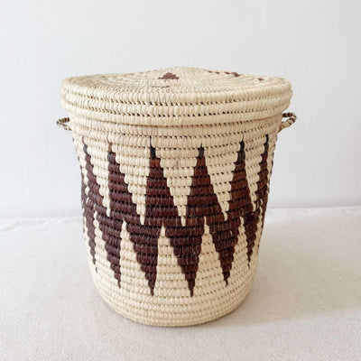 14" Lidded Palm Basket - Brown ZigZag - Amsha