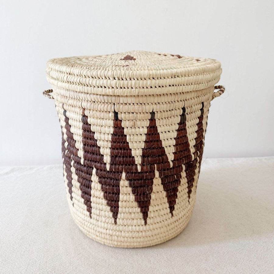 14" Lidded Palm Basket - Brown ZigZag - Amsha