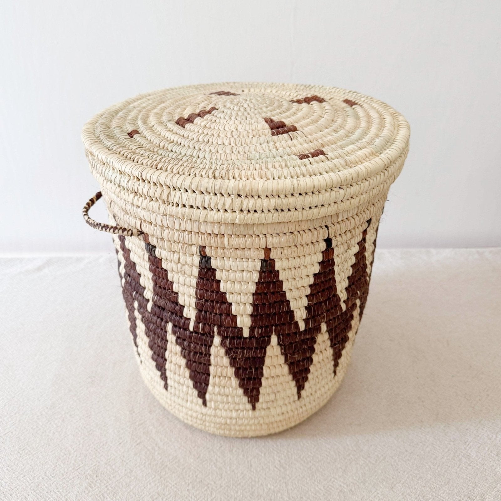14" Lidded Palm Basket - Brown ZigZag - Amsha