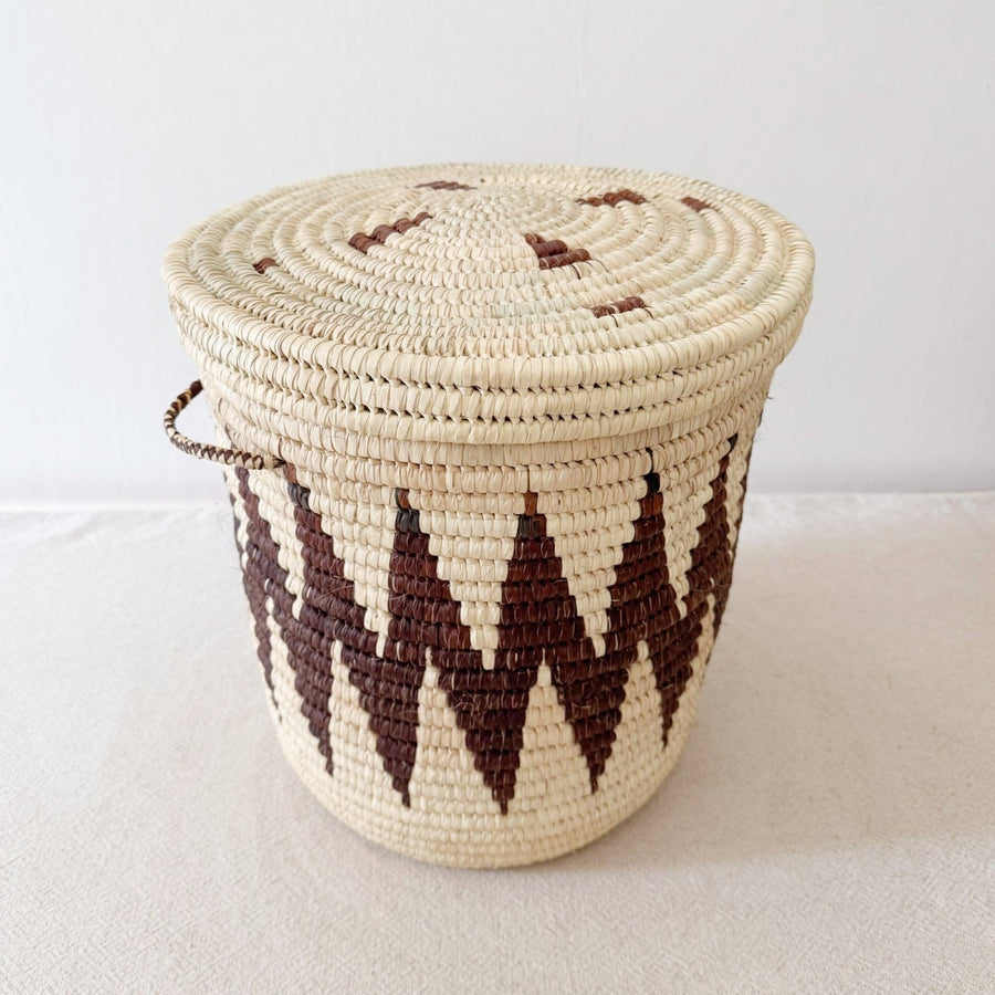 14" Lidded Palm Basket - Brown ZigZag - Amsha