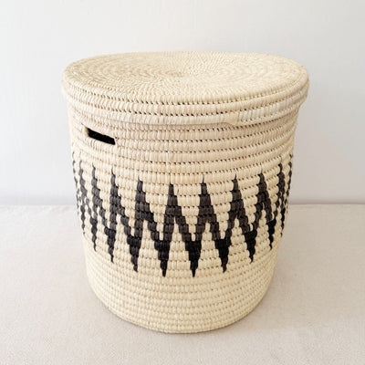 18" Lidded Palm Storage Basket - Black ZigZag - Amsha