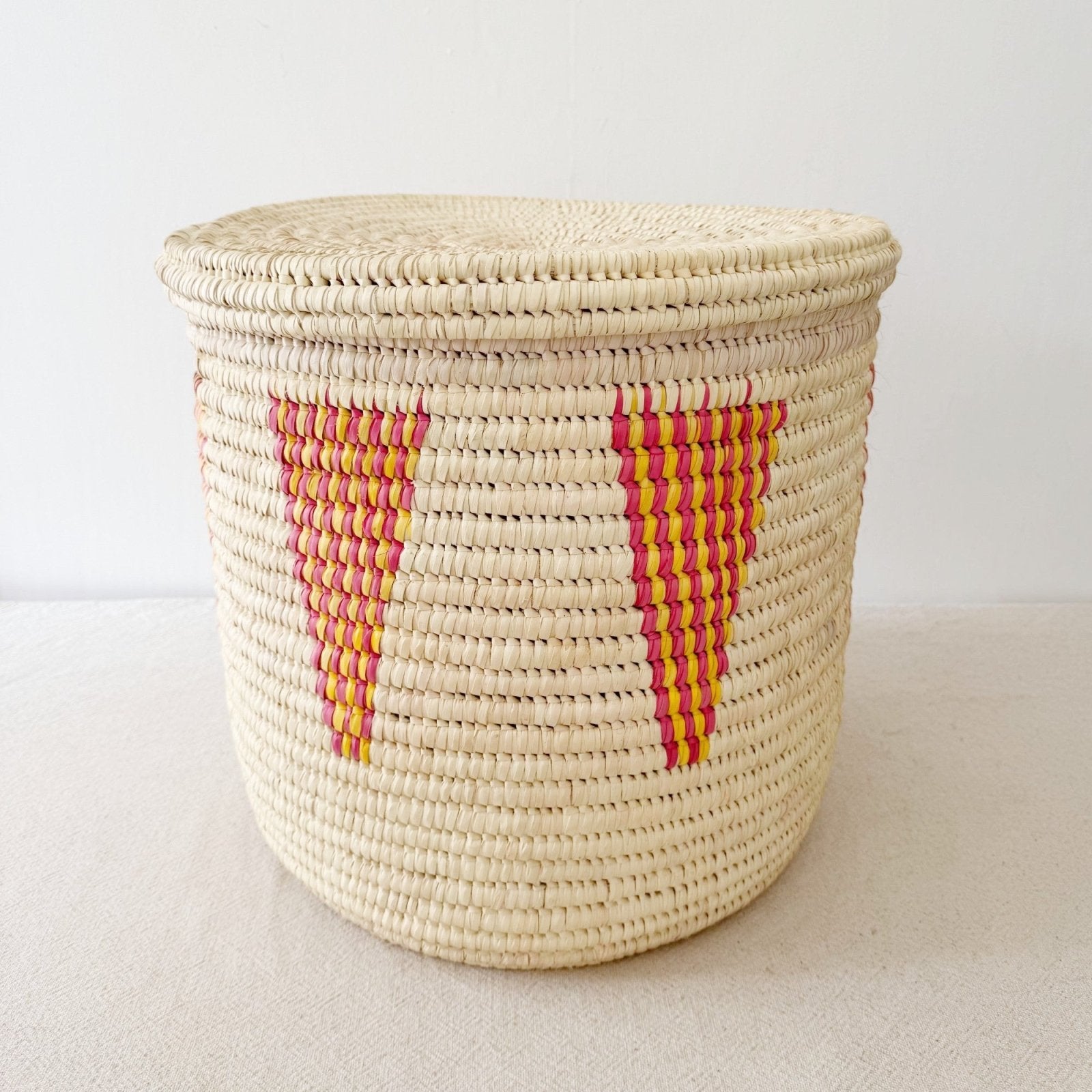 18.5" Lidded Palm Basket - Pink & Yellow - Amsha
