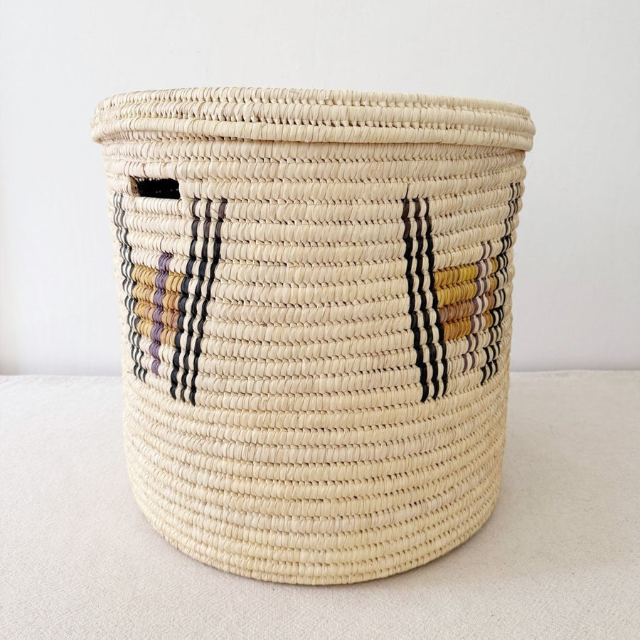 19" Lidded Palm Hamper Basket- Purple & Mustard