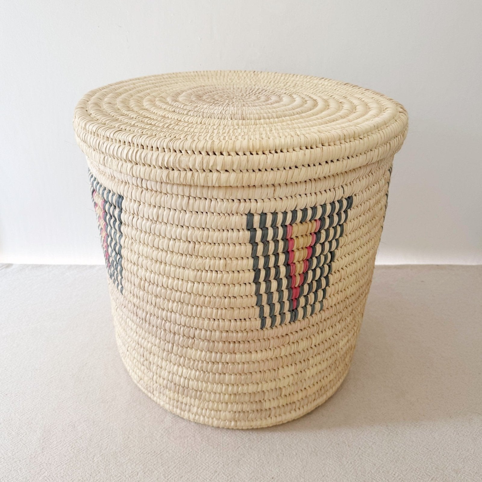 20" Lidded Palm Basket: Blue & Pink - Amsha