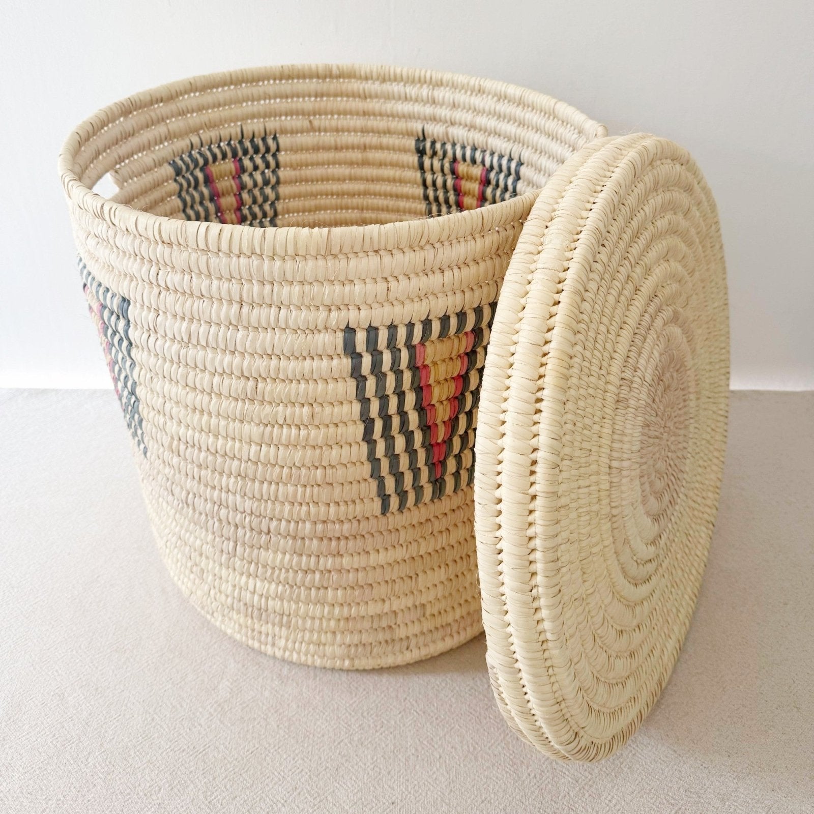 20" Lidded Palm Basket: Blue & Pink - Amsha