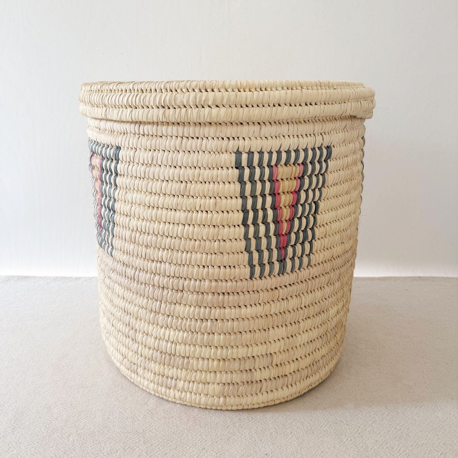 20" Lidded Palm Basket: Blue & Pink - Amsha