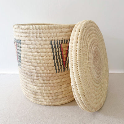 20" Lidded Palm Basket: Blue & Pink - Amsha