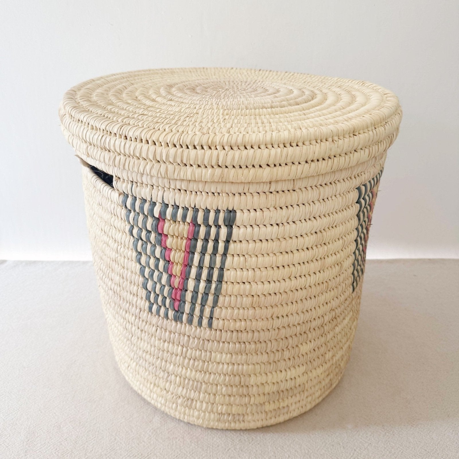 20" Lidded Palm Basket: Blue & Pink - Amsha
