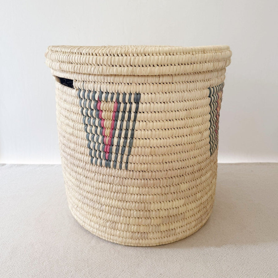 20" Lidded Palm Basket: Blue & Pink - Amsha