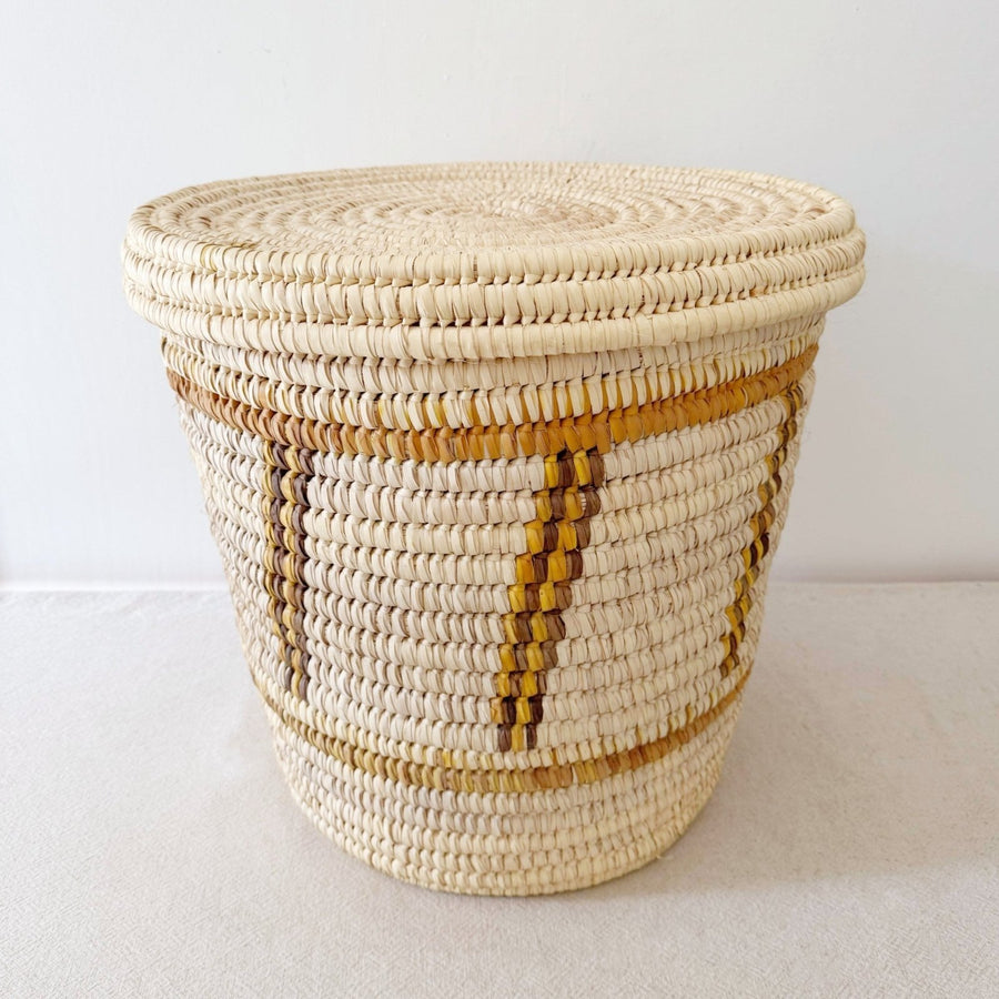 20" Lidded Palm Basket: Mustard Diagonal - Amsha