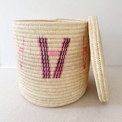 20" Lidded Palm Basket: Pink & Brown - Amsha