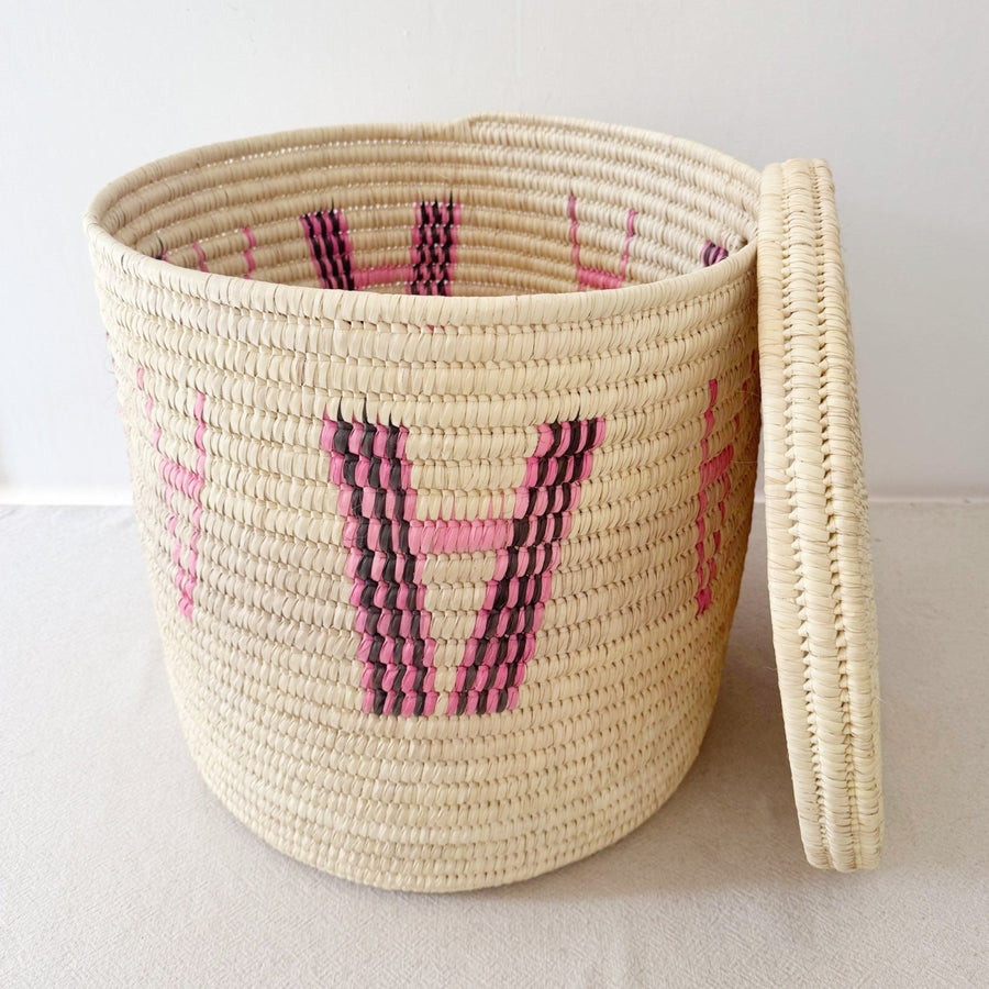 20" Lidded Palm Basket: Pink & Brown - Amsha