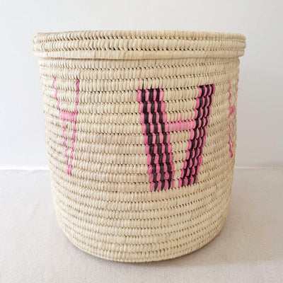 20" Lidded Palm Basket: Pink & Brown - Amsha