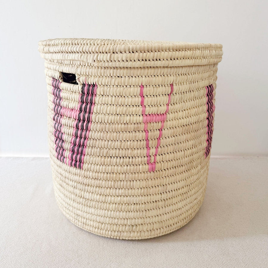 20" Lidded Palm Basket: Pink & Brown - Amsha