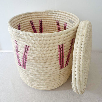 20" Lidded Palm Basket: Pink V - Amsha