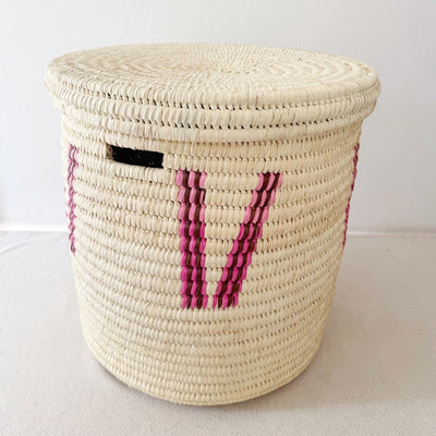 20" Lidded Palm Basket: Pink V - Amsha