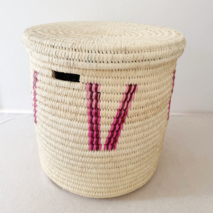 20" Lidded Palm Basket: Pink V - Amsha