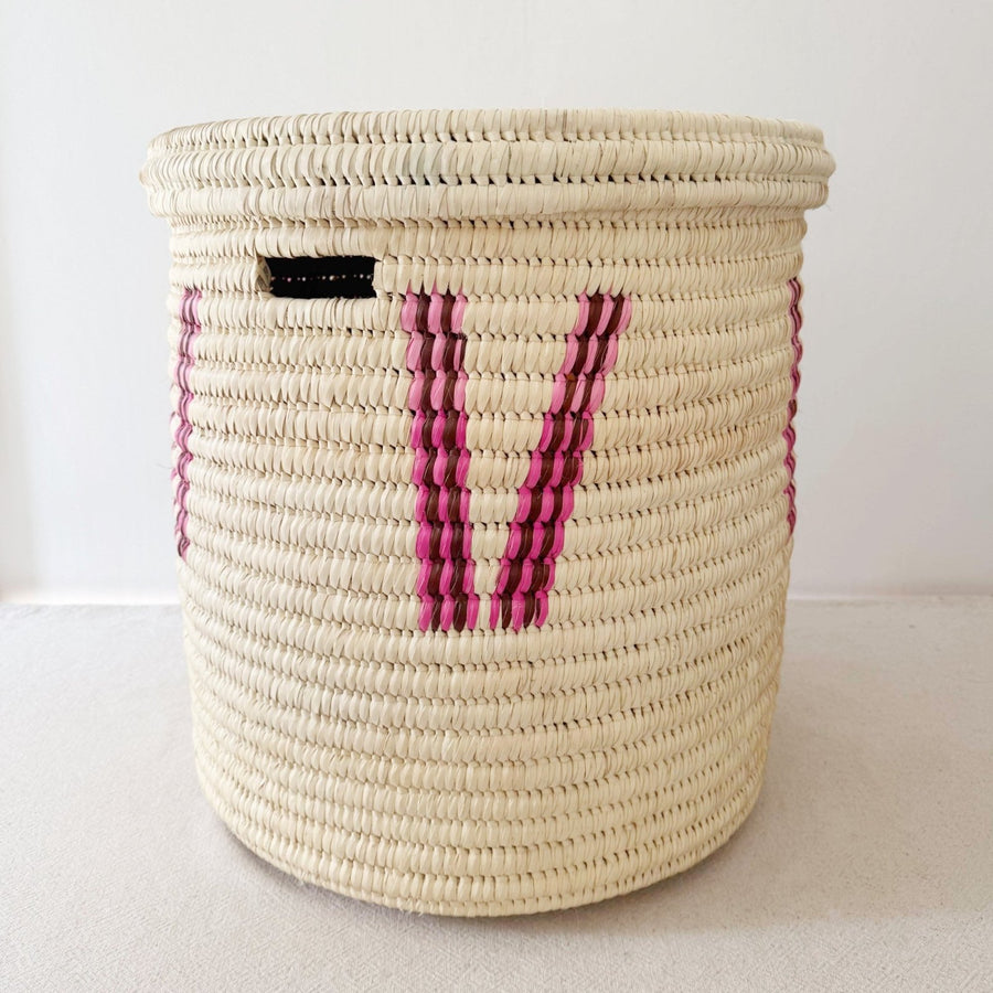 20" Lidded Palm Basket: Pink V - Amsha