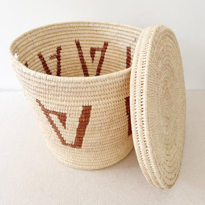 21.5" Lidded Palm Basket: Brown Design - Amsha