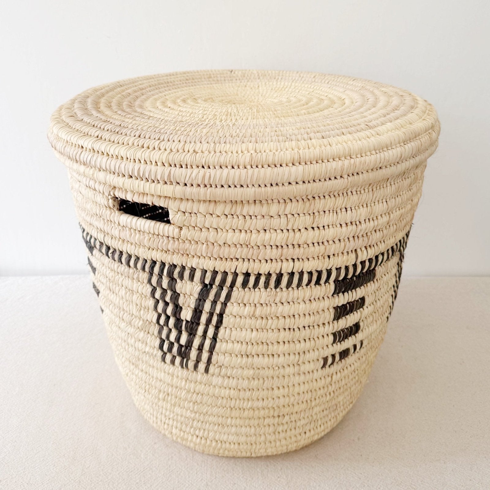 22" Lidded Palm Basket: Black Design - Amsha