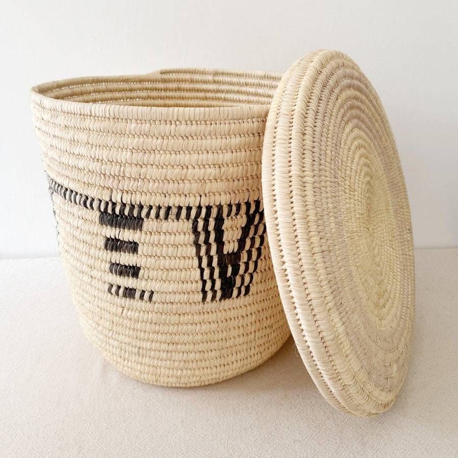 22" Lidded Palm Basket: Black Design - Amsha