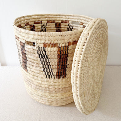 22" Lidded Palm Basket: Brown & Black V - Amsha