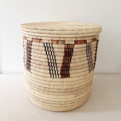 22" Lidded Palm Basket: Brown & Black V - Amsha