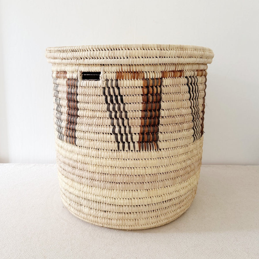 22" Lidded Palm Basket: Brown & Black V - Amsha