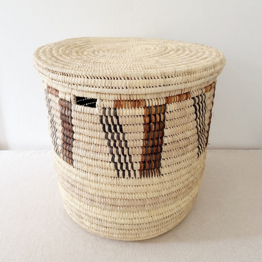 22" Lidded Palm Basket: Brown & Black V - Amsha
