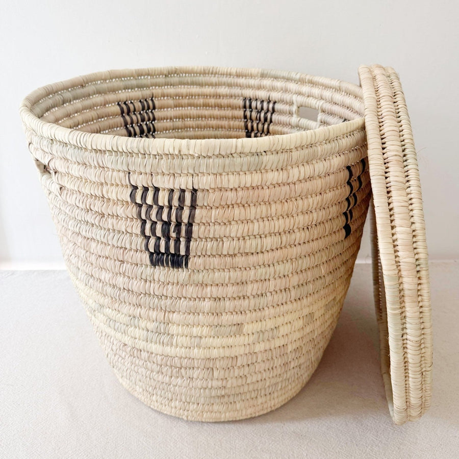 23" Lidded Palm Basket: Black V - Amsha