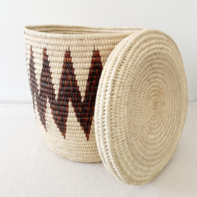 19" Lidded Palm Basket- Brown ZigZag