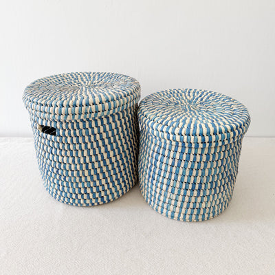 Lidded Palm Basket- Blue Mix