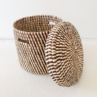 Lidded Palm Basket- Brown Mix
