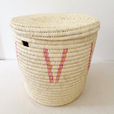 21" Lidded Palm Basket- Pink V
