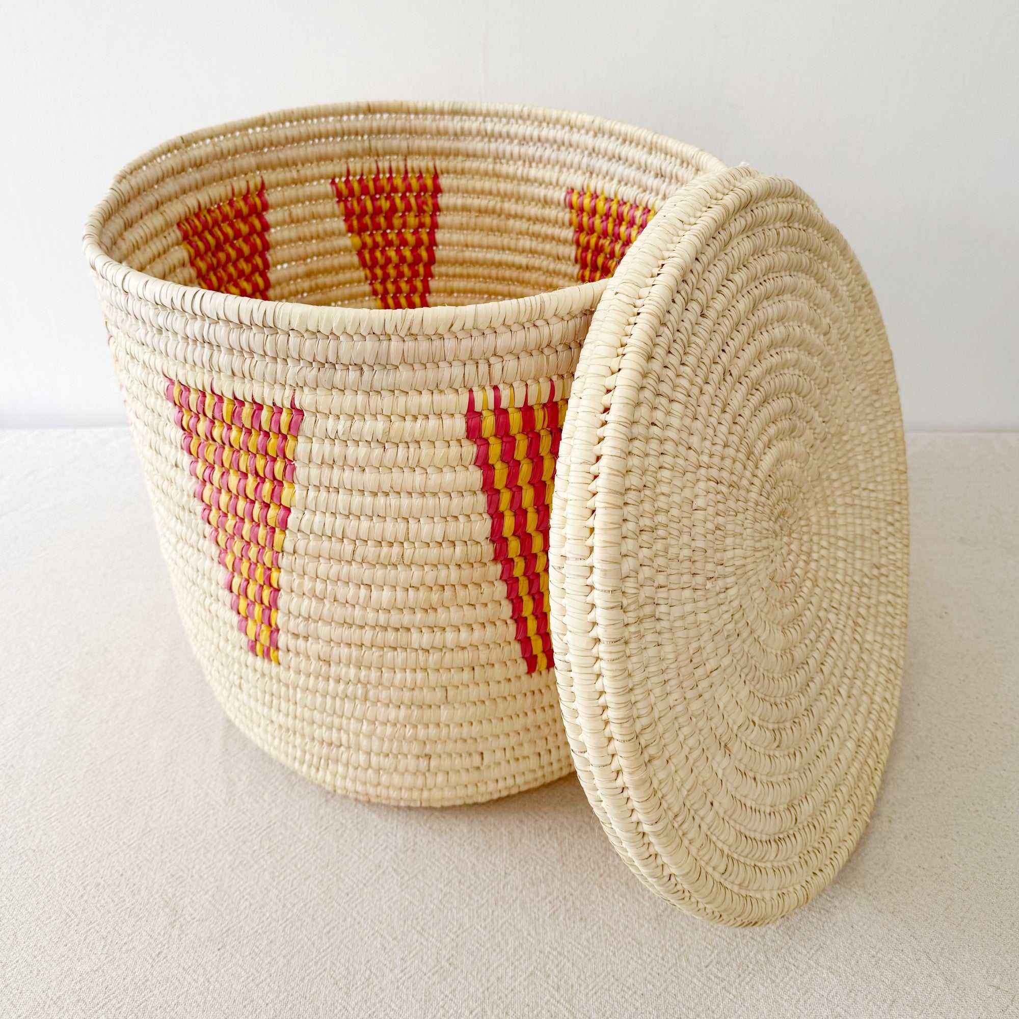 18.5" Lidded Palm Basket- Pink & Yellow