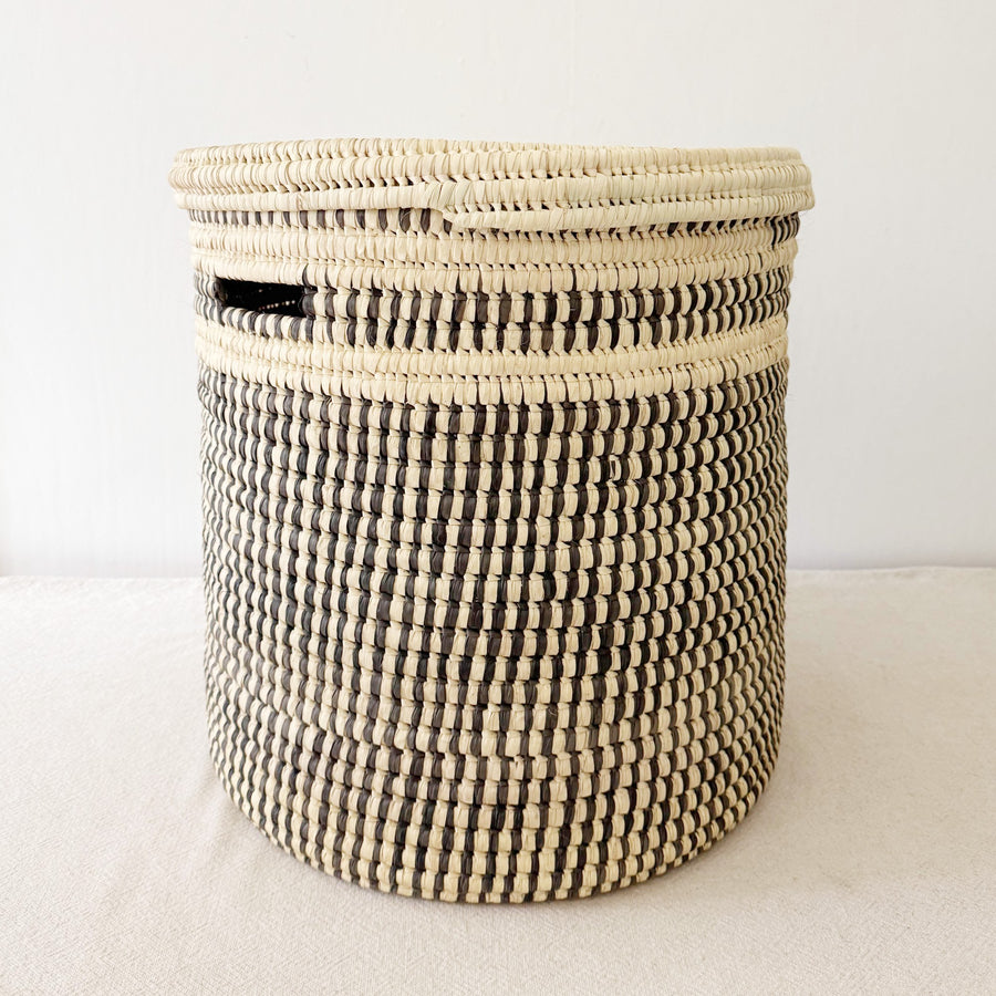 17" Lidded Palm Basket- Black Checker