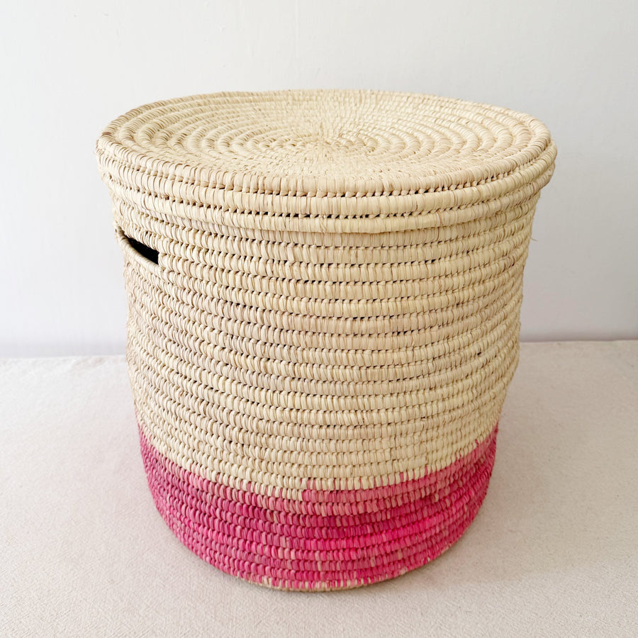 19" Lidded Palm Hamper Basket: Pink