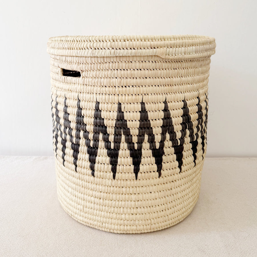 18" Lidded Palm Storage Basket- Black ZigZag