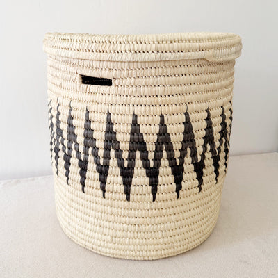 18" Lidded Palm Storage Basket- Black ZigZag