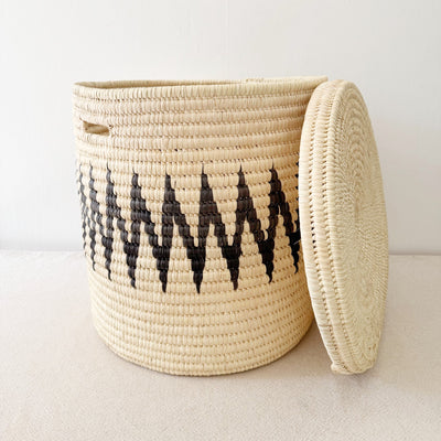 18" Lidded Palm Storage Basket- Black ZigZag