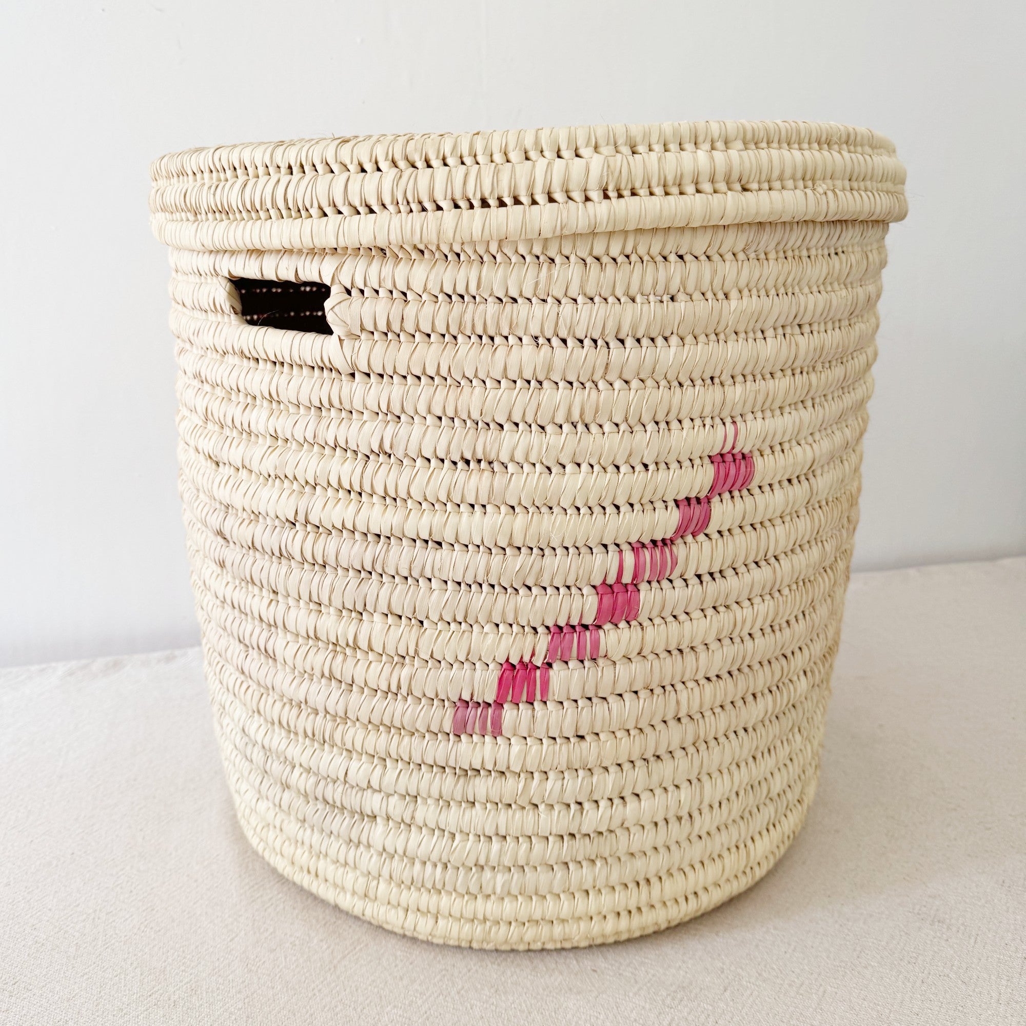 17" Lidded Palm Hamper Basket: Pink