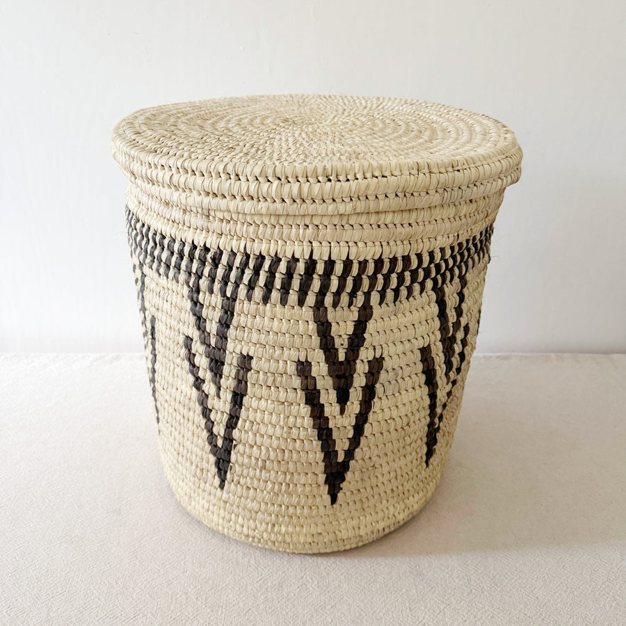 17.5" Lidded Palm Basket- Black Vee