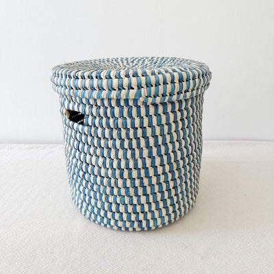 Lidded Palm Basket - Blue Mix - Amsha