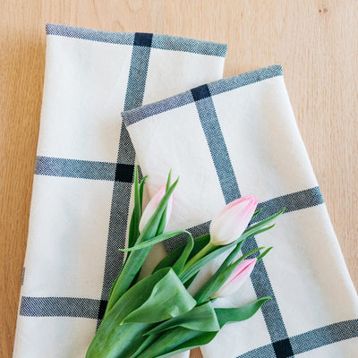 Hand-Loomed Cotton Kitchen Towels, Set of 2: B & W Plaid - Amsha