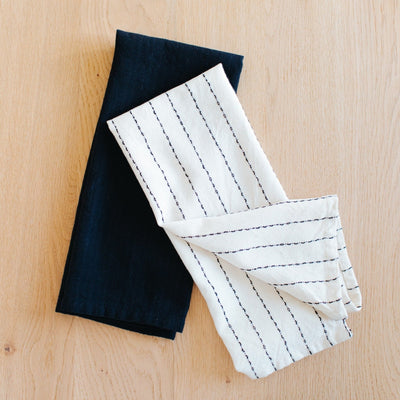 Hand-Loomed Cotton Kitchen Towels, Set of 2: Black Pinstripe - Amsha