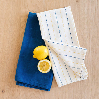 Hand-Loomed Cotton Kitchen Towels, Set of 2: Blue Pinstripe - Amsha