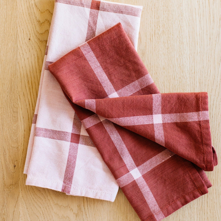 Hand-Loomed Cotton Kitchen Towels, Set of 2: Blush Plaid - Amsha